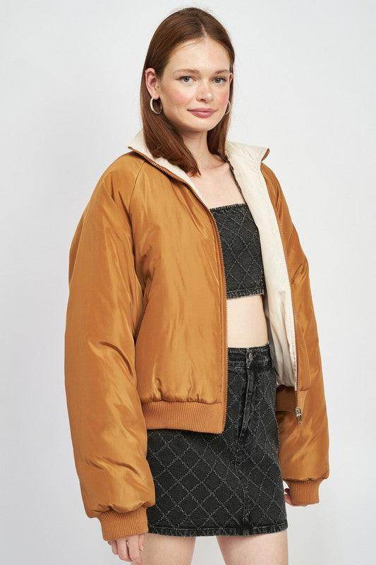 Emory Park lightweight travel puffer coat in warm brown with a cozy fit and stylish design for women