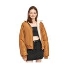 Emory Park lightweight travel puffer coat in brown with oversized fit and ribbed cuffs for warmth