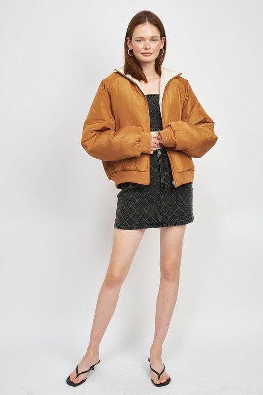 Emory Park Women's Lightweight Travel Puffer Coat in Brown with a Loose Fit and Zipper Closure