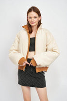 Emory Park lightweight travel puffer coat in cream and brown with oversized sleeves for stylish warmth