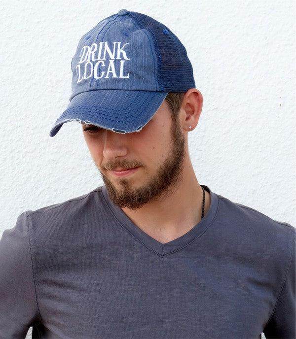 Men's Ocean and 7th local brewery cap in blue with distressed detailing and drink local slogan