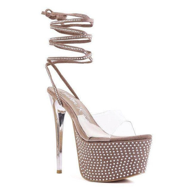 Rag Company elegant evening shoes with sparkling rhinestones and lace-up ankle design