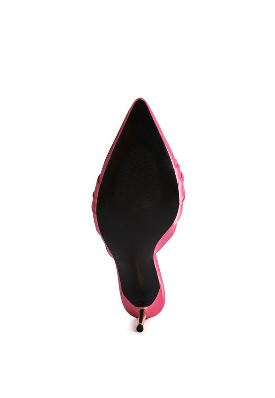 Women's pink satin high heeled mule sandals with pointed toe