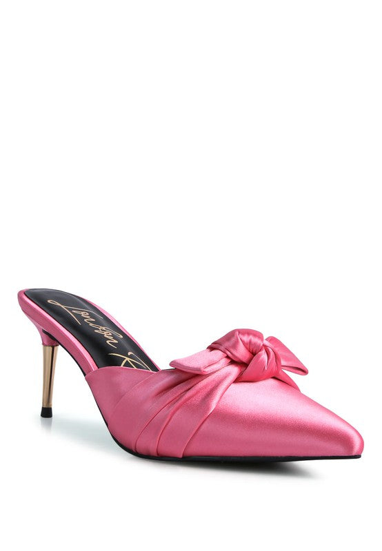 Women's pink satin high heeled mule sandals for elegant occasions