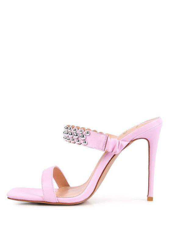 Rag Company stylish ball heel shoes in pink with decorative silver beads on the strap