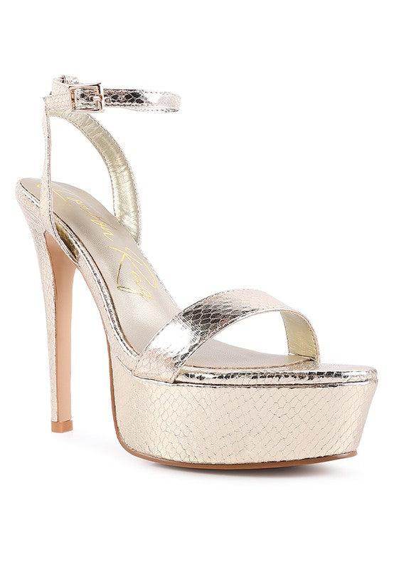 Rag Company Stylish Vacation Sandals in shiny metallic with high heels and ankle strap design