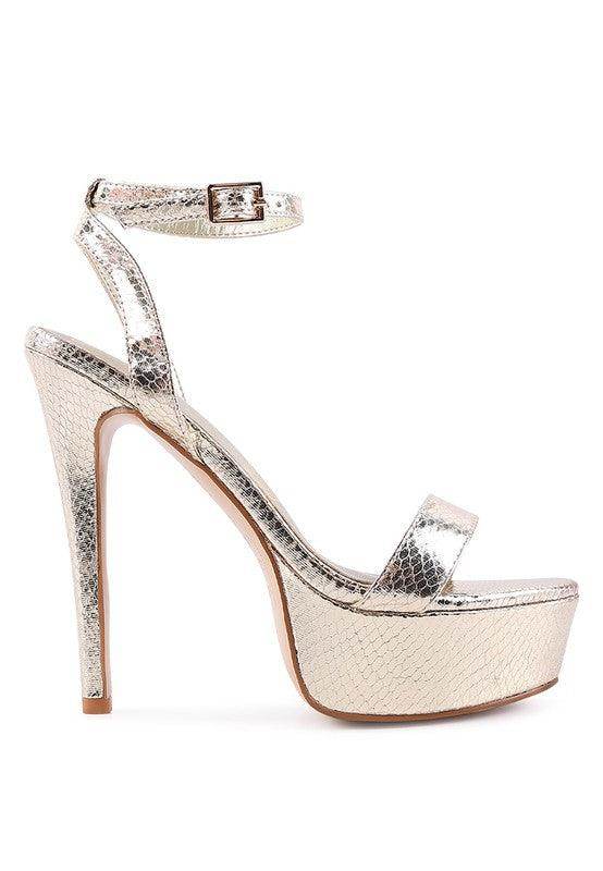 Rag Company Stylish Vacation Sandals in shiny metallic finish with high stiletto heel and platform design