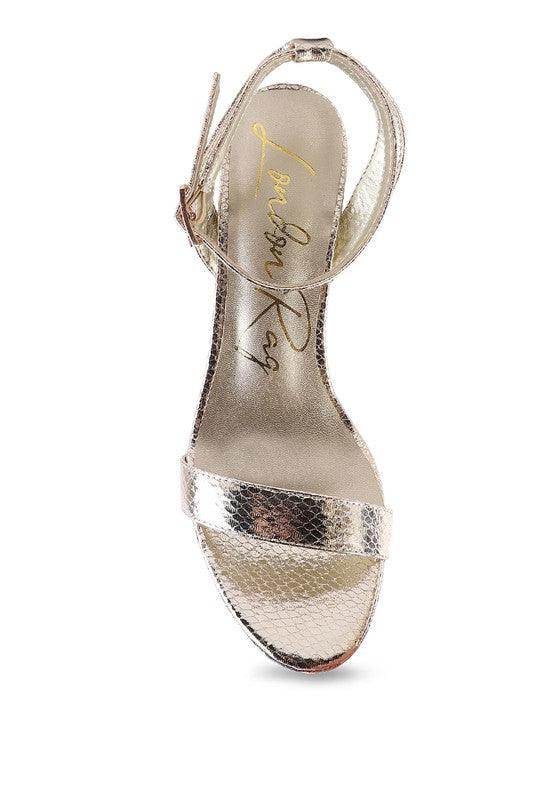 Rag Company Stylish Vacation Sandals with a shiny metallic finish and ankle strap for elegant summer wear