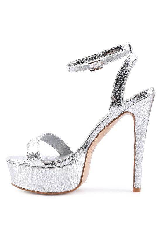 Rag Company Stylish Vacation Sandals in Silver with High Heels and Ankle Strap Design