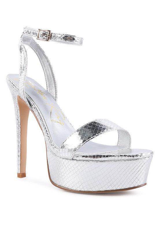 Rag Company Stylish Vacation Sandals in Silver with a High Heel and Platform Design