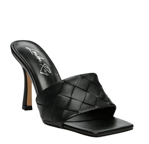 Black stylish woven sandals with a square toe and high heel for a chic look