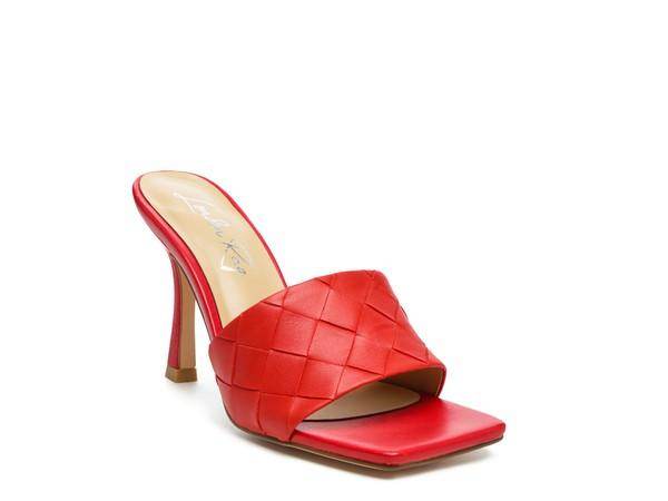 Stylish woven sandals in vibrant red color with a high heel design and a sleek finish
