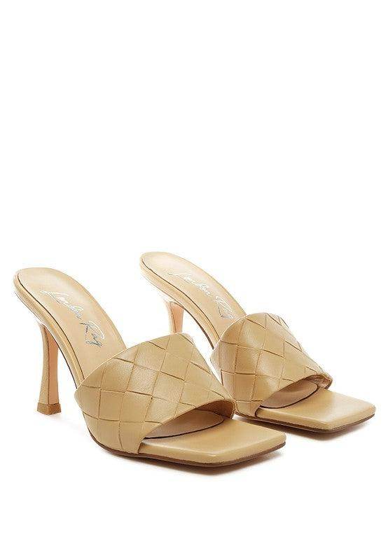 Rag Company stylish woven sandals in beige with a square toe and stiletto heel for elegant summer looks