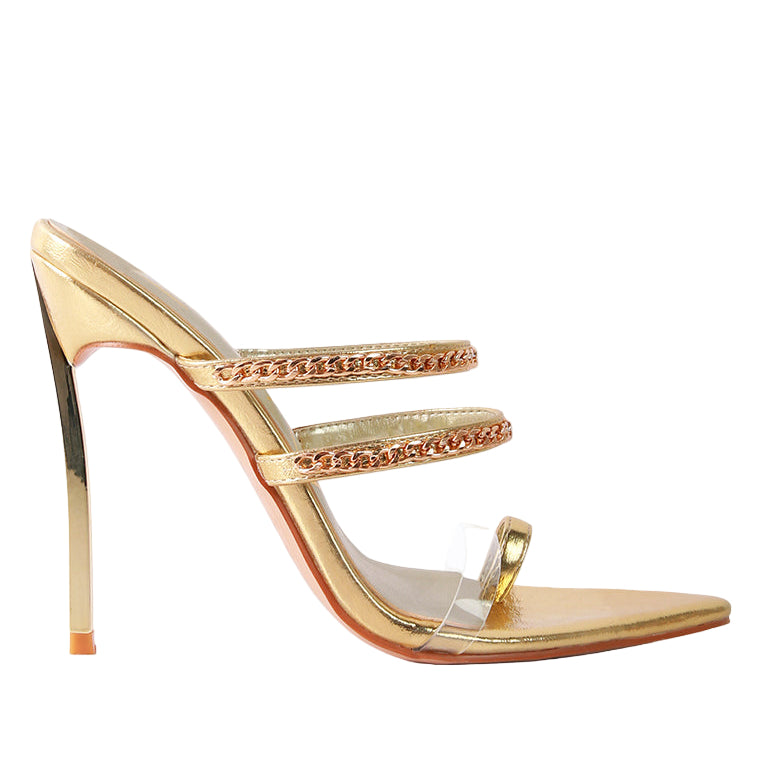 London Rag International Gold Heels with Transparent Straps, perfect as vacation worthy shoes and apparel
