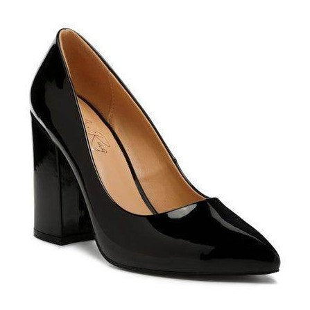 Elegant black pumps for women with a glossy finish and high block heels for stylish occasions