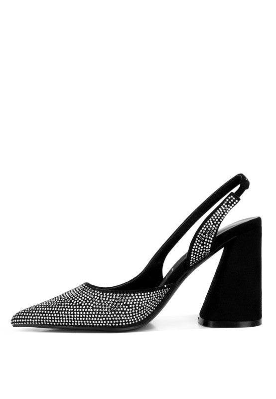 Women's rhinestone embellished heel sandals in black for stylish parties