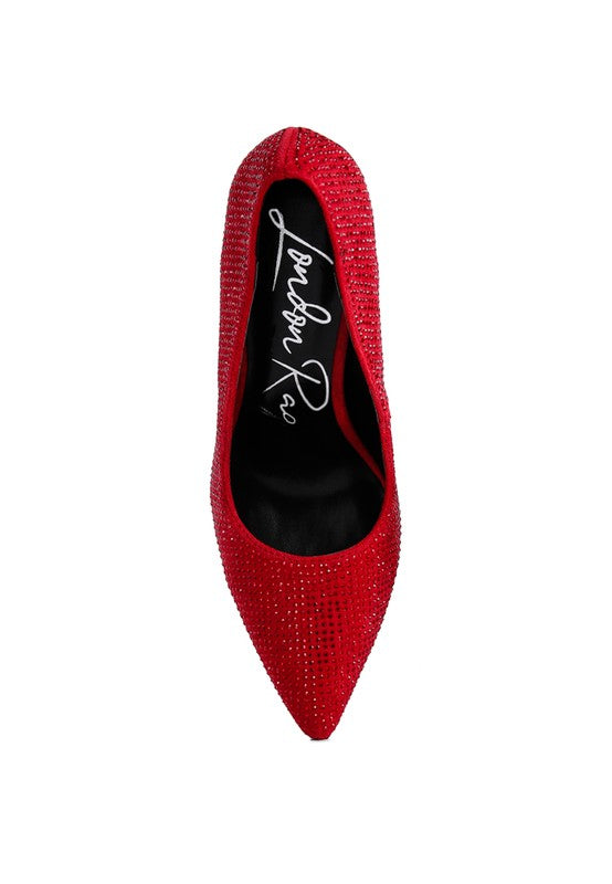 Red heat-seal court heels for women with sparkling design