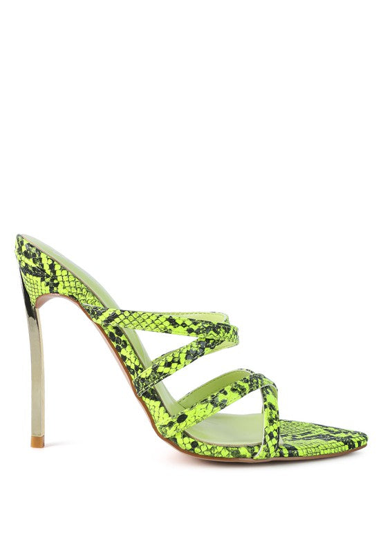 Women's neon animal print high heel sandals with cross straps