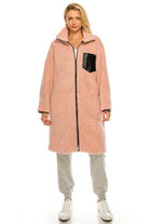 Andante USA long pink fleece coat with a stylish zip and a black pocket detail for comfort and warmth