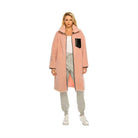 Andante USA long pink fleece coat with a black pocket, perfect for stylish warmth and comfort