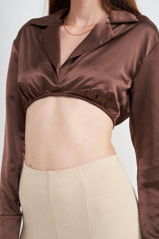 Long Sleeve Collared Crop Top With Underwire - VacationGrabs