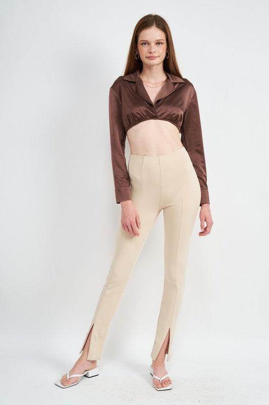Long Sleeve Collared Crop Top With Underwire - VacationGrabs