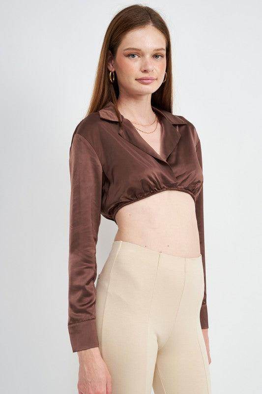 Long Sleeve Collared Crop Top With Underwire - VacationGrabs