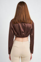 Long Sleeve Collared Crop Top With Underwire - VacationGrabs