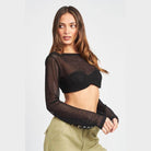 Emory Park long sleeve cropped vacation top in black with sheer mesh detail for stylish summer outfits