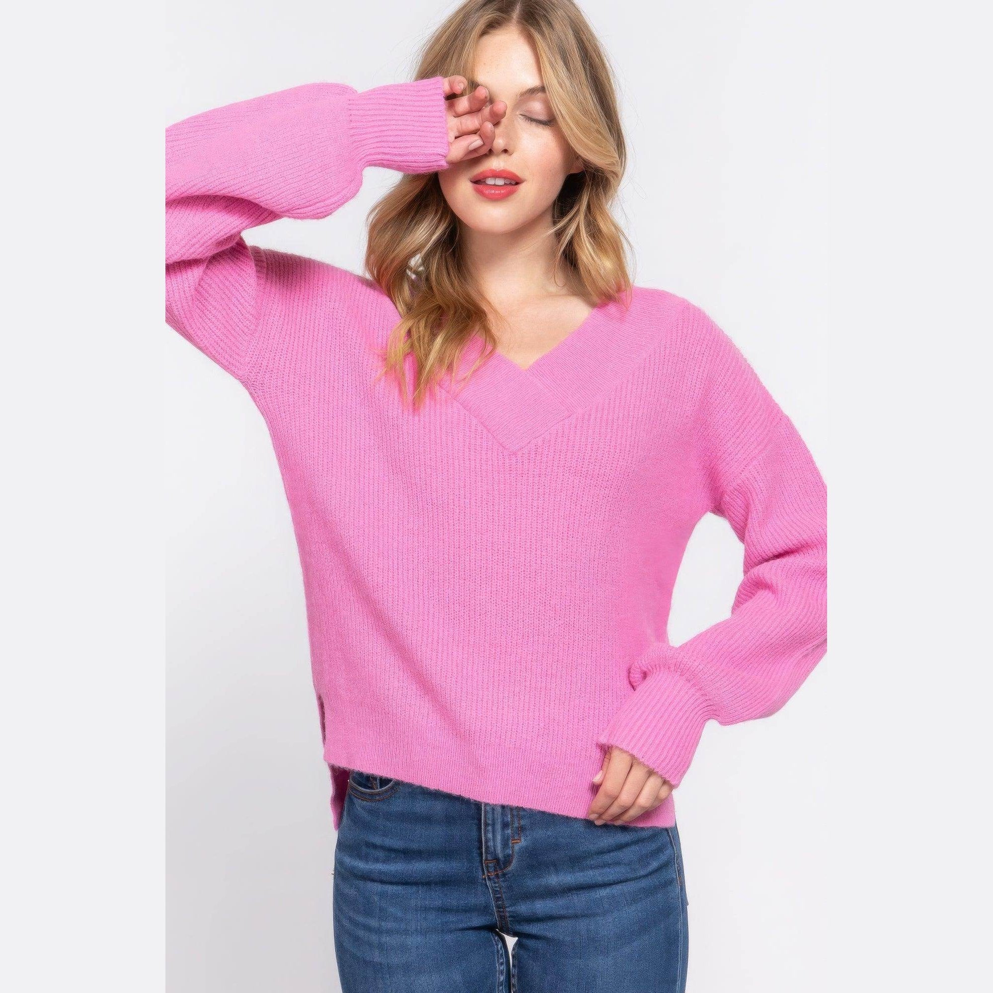 Long Sleeve Double V-neck Sweater - VacationGrabs