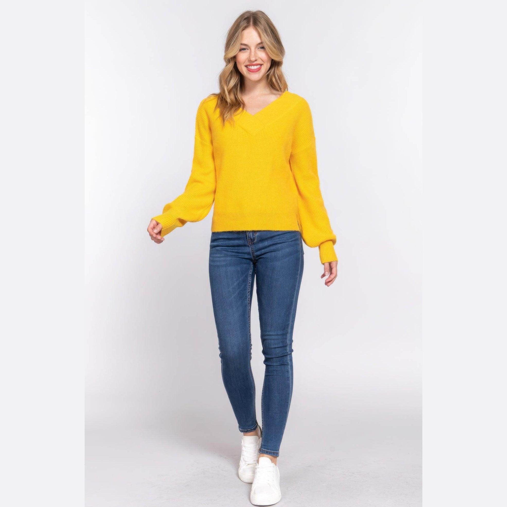 Long Sleeve Double V-neck Sweater - VacationGrabs