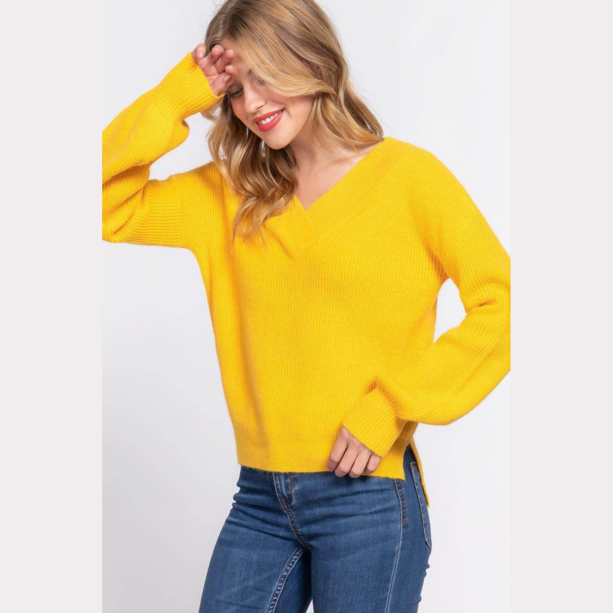 Long Sleeve Double V-neck Sweater - VacationGrabs