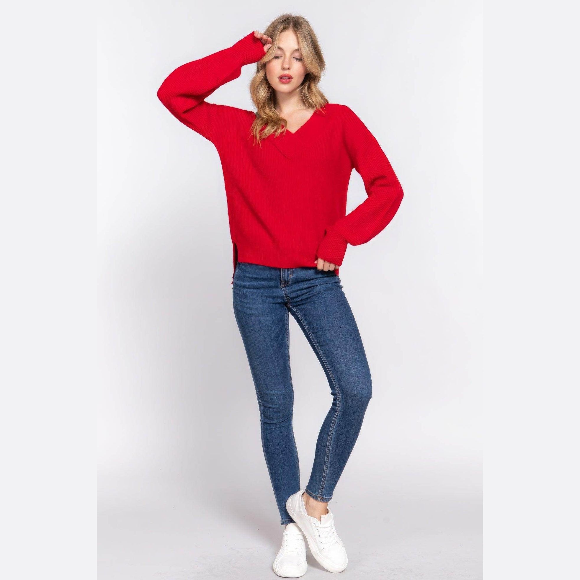 Long Sleeve Double V-neck Sweater - VacationGrabs
