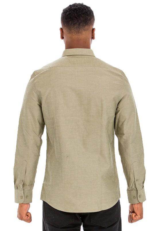 WEIV Men's Long Sleeve Vacation Shirts in Olive Green with a Classic Fit and Button Details