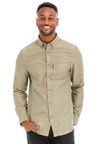 WEIV Men's Long Sleeve Vacation Shirts in Olive Green with Button-Up Design and Chest Pocket