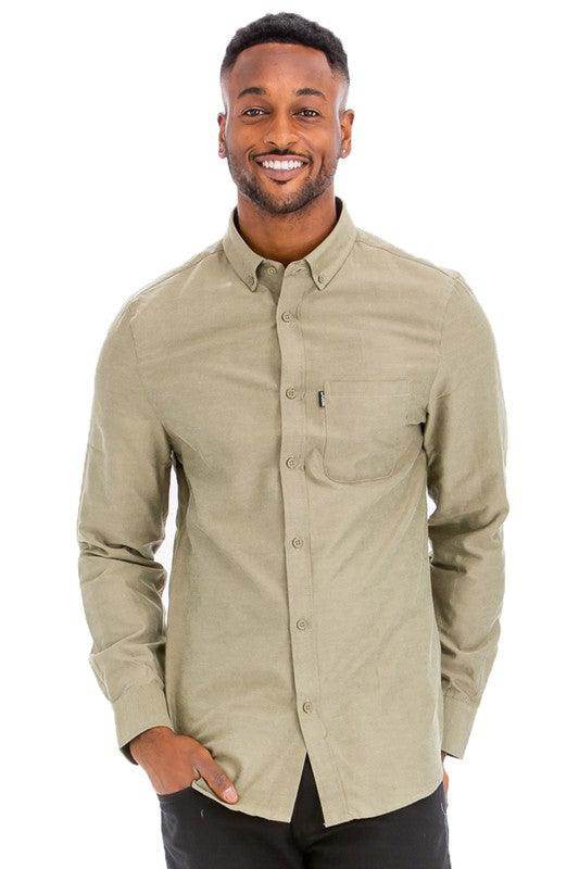 WEIV Men's Long Sleeve Vacation Shirts in Olive Green with Button-Up Design and Chest Pocket