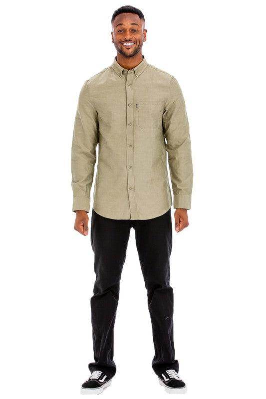 WEIV Men's Long Sleeve Vacation Shirts in Olive Green, perfect for casual outings and summer wear