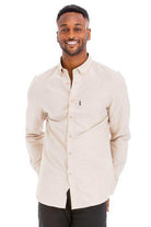Men's WEIV Long Sleeve Vacation Shirts in Beige with a Button-Up Design and Chest Pocket