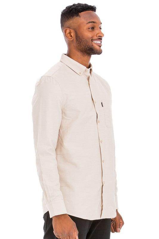 WEIV Men's Long Sleeve Vacation Shirts in light beige color, perfect for casual outings