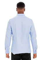 Back view of WEIV men's long sleeve vacation shirts in light blue for stylish summer outings