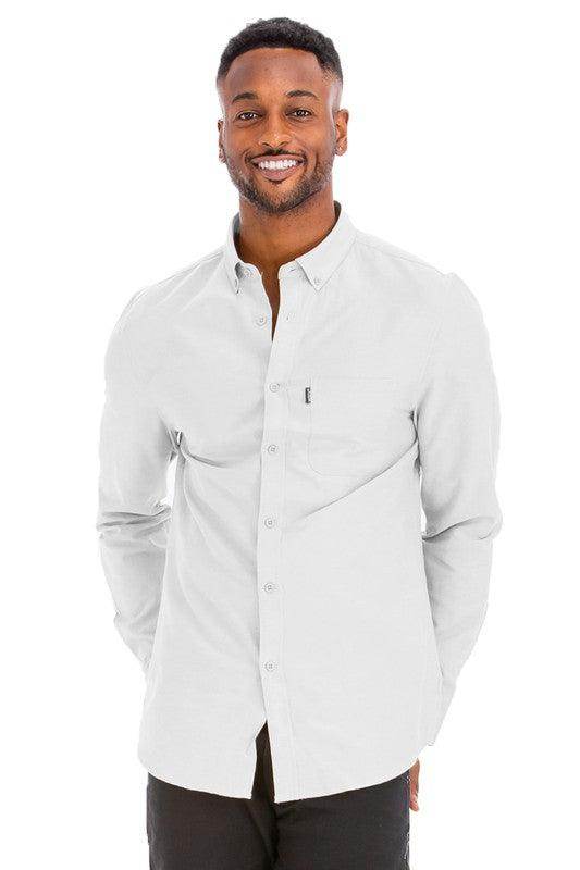 WEIV Men's Long Sleeve Vacation Shirts in White with Button-Up Front and Chest Pocket