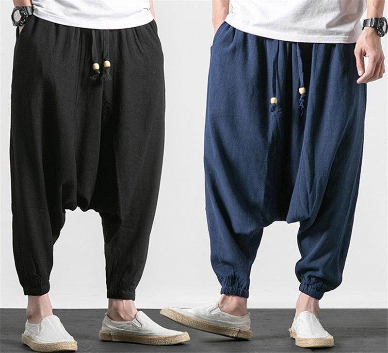 Loose fit men's vacation pants in black and navy with drawstring waist for comfort and style
