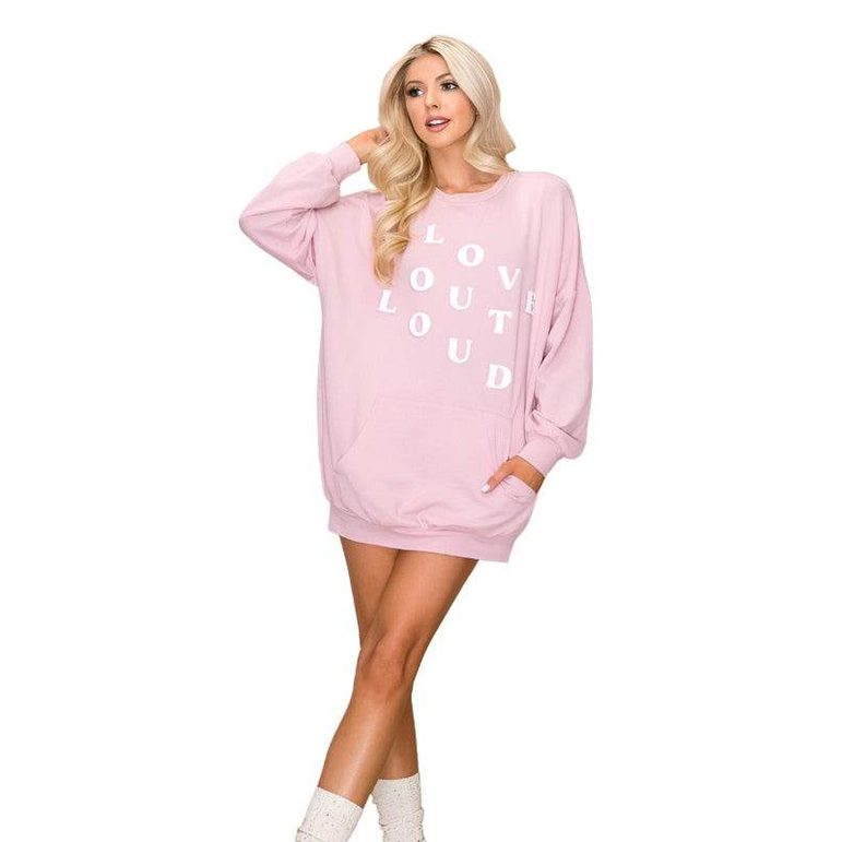 Andante USA Love Out Loud Dress in Pink with Oversized Fit and Front Pocket for Casual Style