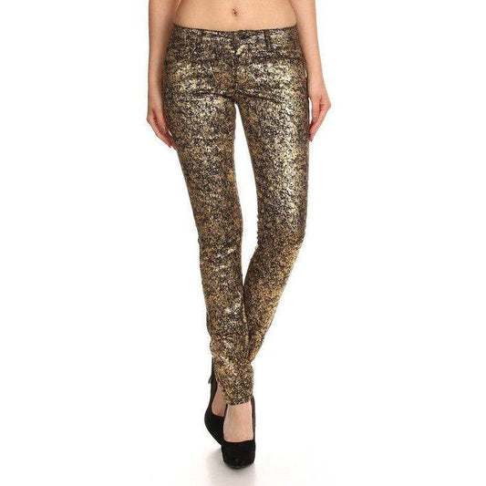 Low Rise Metallic Print Skinny Jeans Pants - VacationGrabs