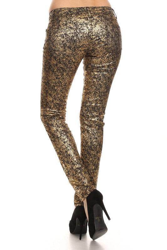 Low Rise Metallic Print Skinny Jeans Pants - VacationGrabs