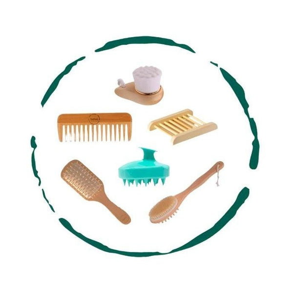BeNat luxury bath essentials set featuring wooden combs and a massage brush for a spa-like experience