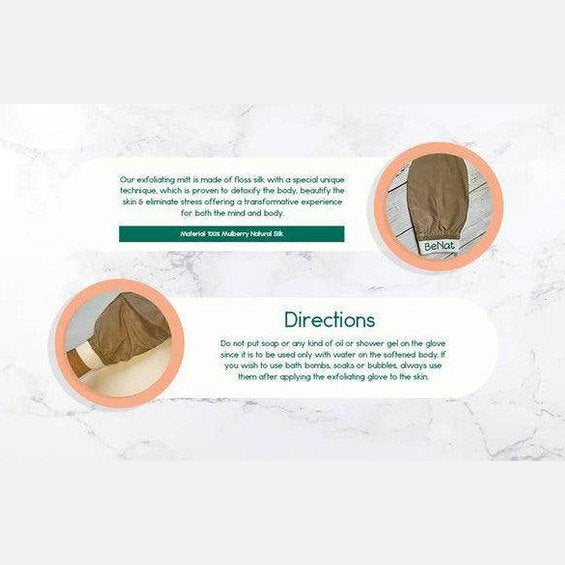 BeNat luxury raw silk bath glove for exfoliating and beautifying the skin in a natural way