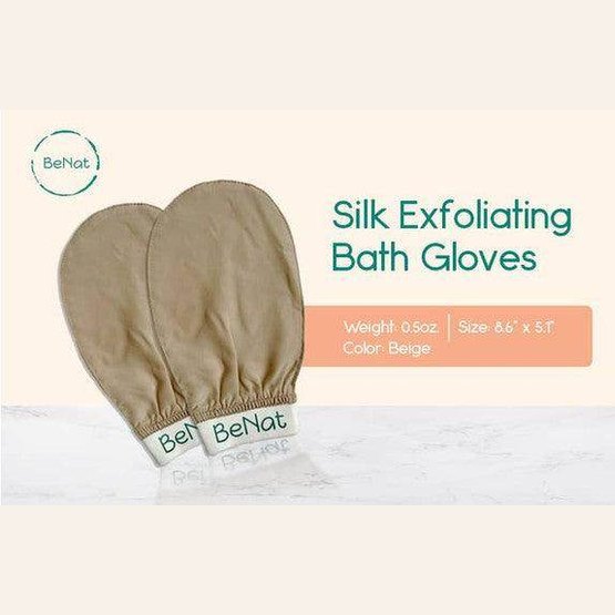 BeNat luxury raw silk bath glove set in beige, perfect for gentle exfoliation while traveling