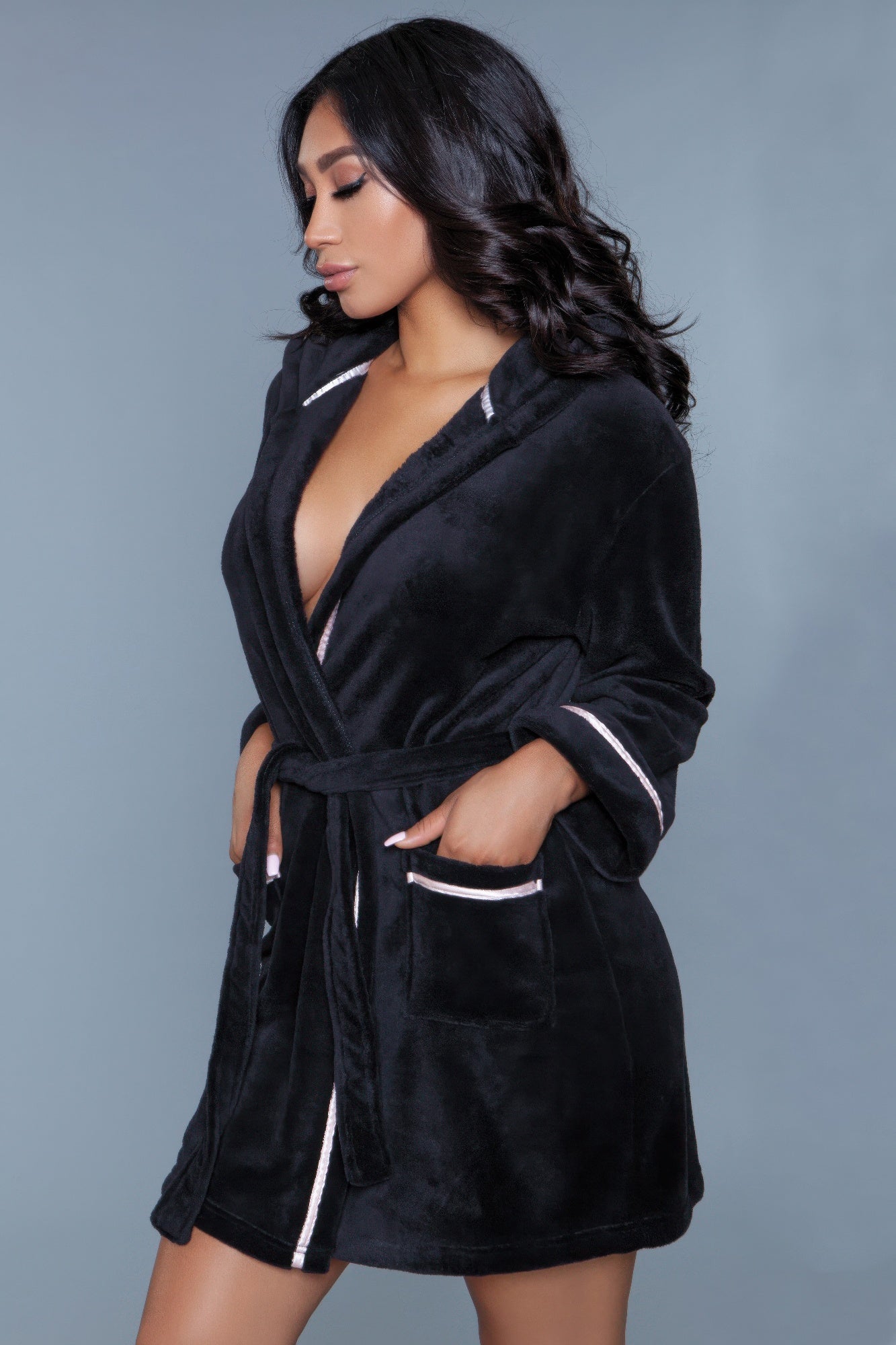 VacationGrabs women's black luxury vacation robe with soft fabric and contrast trim pockets