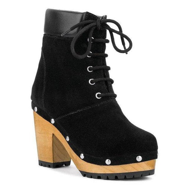 Rag Company Maaya suede boot purchase in black with lace-up design and wood block heel